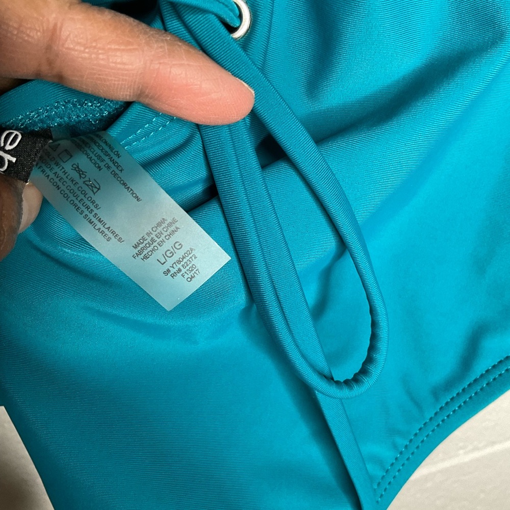 < Bebe Rhinestone Logo Teal One Piece Swimsuit > - Picture 5 of 6